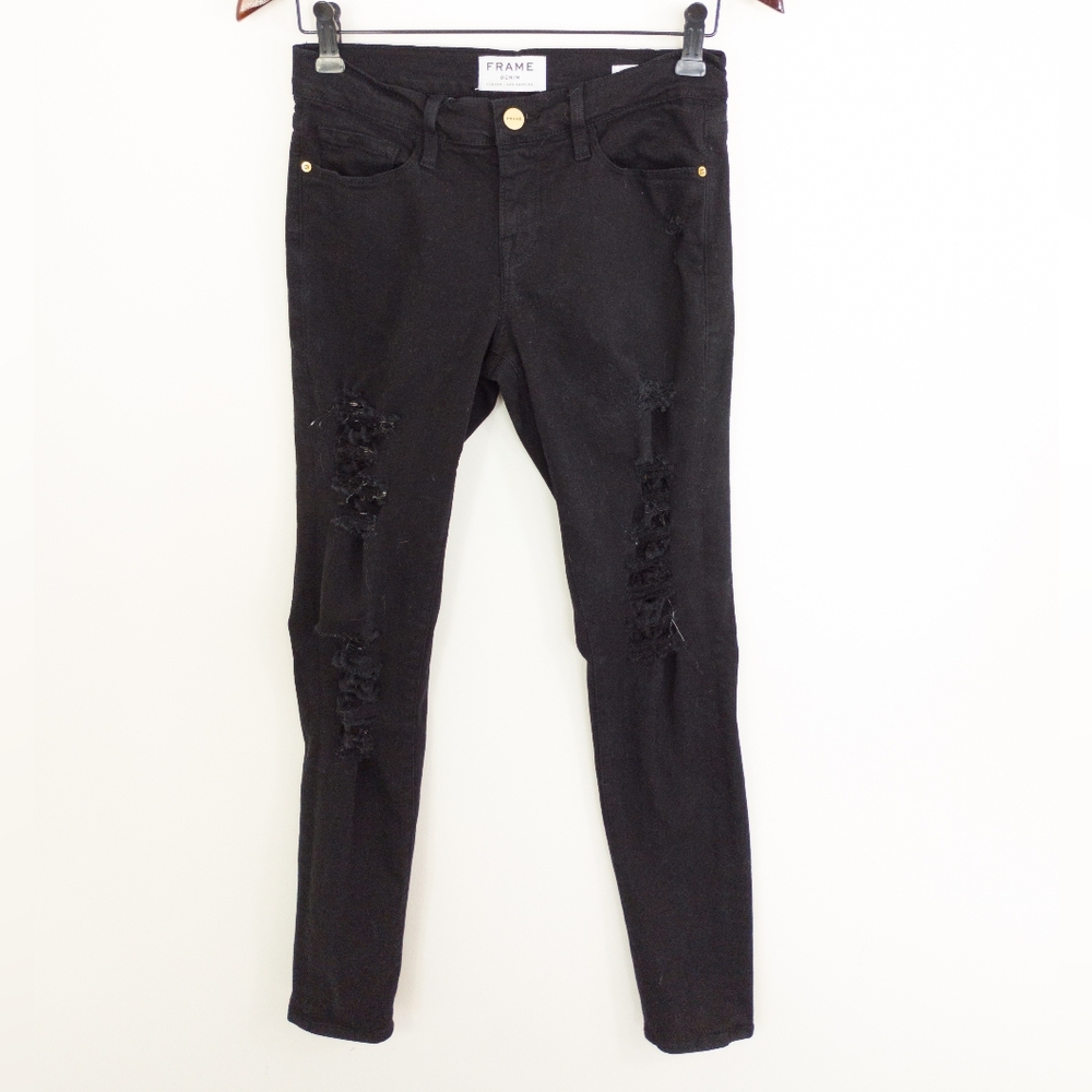FRAME Denim Le Skinny De Jeanne Distressed Ripped Skinny Jeans Film Noir 26